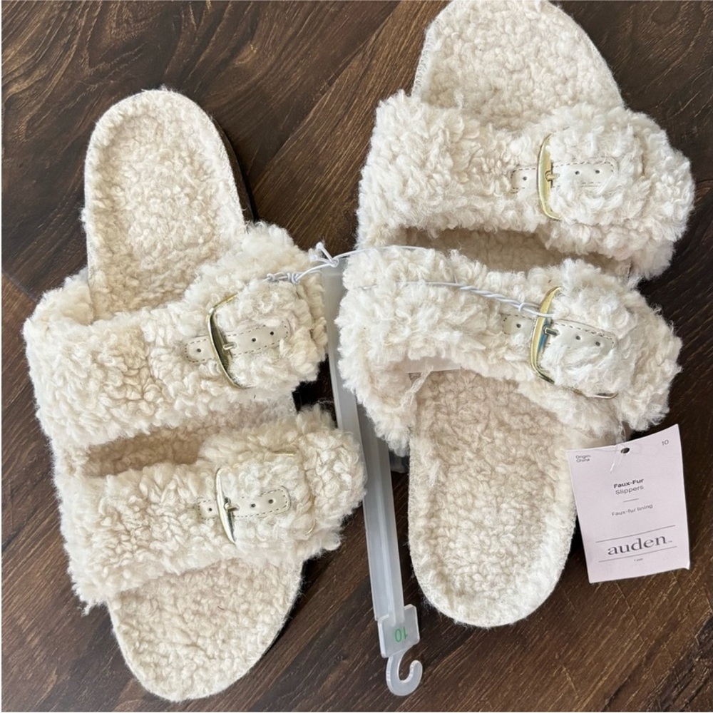 Auden Cream Shearling Sandals Birkenstock style sz 10 - Picture 2 of 8